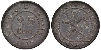 БЕЛЬГИЯ 25 САНТИМОВ 1916 BELGIQUE-BELGIE, ГЕРМАНСКАЯ ОККУПАЦИЯ, ПЕРВАЯ МИРОВАЯ ВОЙНА KM 82 цинк 27-941
