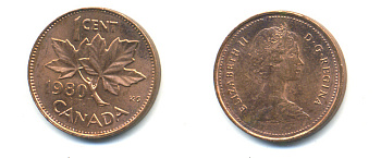 Канада 1 цент 1980 Елизавета II (1952-2022), кленовый лист KM 127 бронза 177-1356