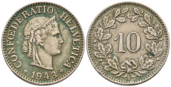 Швейцария 10 раппенов 1943 В KM 27 медно-никель 4576-943