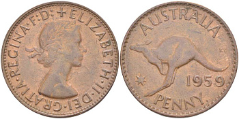 АВСТРАЛИЯ 1 ПЕННИ 1959 р, ЕЛИЗАВЕТА II (1953-), КЕНГУРУ KM 56 бронза 32-725