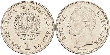 Венесуэла 1 боливар 1989 Симон Боливар KM 52a.2 сталь плакированная никелем 4556-821