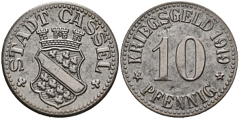 ГЕРМАНИЯ КАССЕЛЬ 10 ПФЕННИГОВ 1919 КРИГСГЕЛЬД железо 75-1623