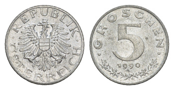 Австрия 5 грошей 1990 KM 2875 цинк UNC 4576-226