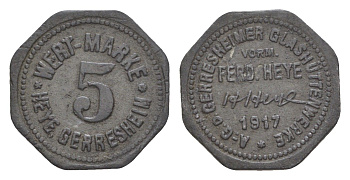Герресхайм 5 пфеннигов 1917 Glash?ttenwerk vorm. Ferd. Heye Men18 11175.5, Men22.2 11175.5, Hasselmann 373.1.3 цинк 4639-138