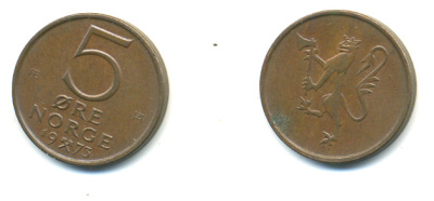 Норвегия 5 эре 1973 Улаф V (1958-1991) ​KM 415 бронза 3999-921