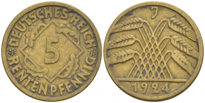 ГЕРМАНИЯ 5 РЕЙХСПФЕННИГОВ 1924 J, KM 39, J. 316 алюминиевая бронза 110-241