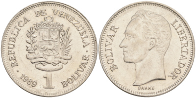 Венесуэла 1 боливар 1989 Симон Боливар KM 52a.2 сталь плакированная никелем 4556-821