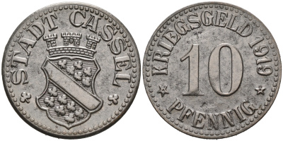 ГЕРМАНИЯ КАССЕЛЬ 10 ПФЕННИГОВ 1919 КРИГСГЕЛЬД железо 75-1623