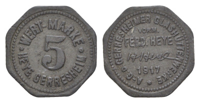 Герресхайм 5 пфеннигов 1917 Glash?ttenwerk vorm. Ferd. Heye Men18 11175.5, Men22.2 11175.5, Hasselmann 373.1.3 цинк 4639-138