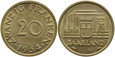 Саарланд 20 франков 1954 индустрия KM 2 алюминиевая бронза 87-322