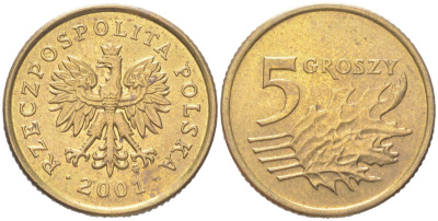 Польша 5 грошей 2001 MW KM 278 латунь UNC 4614-622
