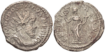 Римская Империя (императоры в Галлии) антониниан 260 - 269 Постум. IMP C POSTVMVS P F AVG / FELICITAS AVG, Фелицитата с кадуцием и рогом Изобилия, Колония Агриппины, Good Very fine RIC 58 биллон 1073-13-25