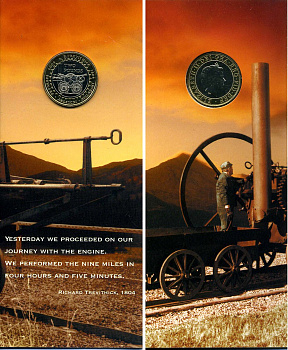 Великобритания 2 фунта 2004 Елизавета II (1952-2022), 200 лет первому паровозу Ричарда Тревесика, в оригинальном картонном буклете KM 1049, Spink 4578 (K17) биметалл BUNC 00-00