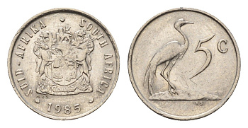 ЮАР 5 центов 1985 герб, райский журавль KM 84 никель 4643-252
