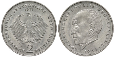 ФРГ 2 МАРКИ 1971 F, КОНРАД АДЕНАУЭР KM 124, J. 406 медно-никель плакированный никелем плакированный никелем UNC 72-436