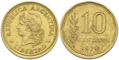 Аргентина 10 сентаво 1970 голова свободы влево KM 66 алюминиевая бронза 4514-921
