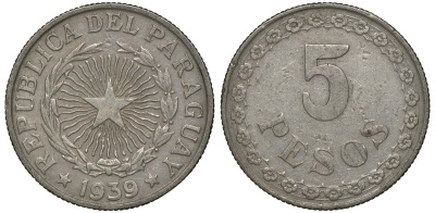 ПАРАГВАЙ 5 ПЕСО 1939 ГОД ТИП KM 18 медно-никель 72-1521