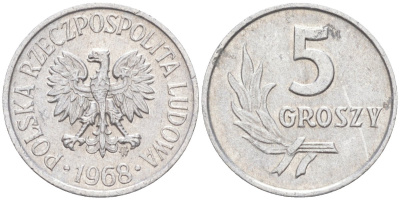 Польша 5 грошей 1968 MW, редкий год KM A46, Parchimowicz 204i алюминий 187-435