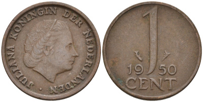 Нидерланды 1 цент 1950 Юлиана (1948-1980) КМ 180 бронза    4174-539