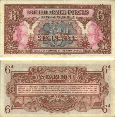 АНГЛИЯ 6 ПЕНСОВ 1946 ДЛЯ ВООРУЖЕННЫХ СИЛ, СПЕЦИАЛЬНЫЙ ВАУЧЕР Pick M10а бумага XF 7551-4-4-1