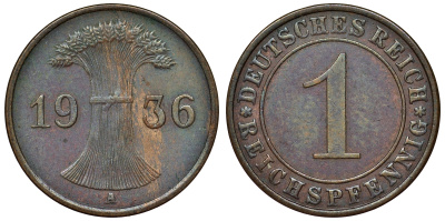 Германия 1 рейхспфенниг 1936 A KM 37, J. 313 бронза 4124-132