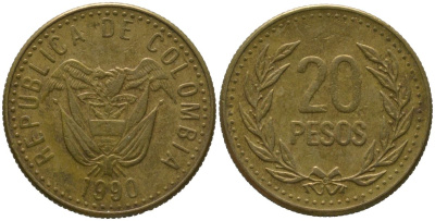 Колумбия 20 песо 1990 KM 282 алюминиевая бронза 4528-861