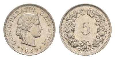Швейцария 5 раппенов 1969 B KM 26 медно-никель UNC 4649-645