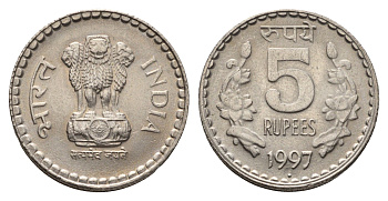 Индия 5 рупий 1997 KM 154.1 медно-никель aUNC 4691-123