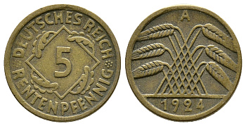 ГЕРМАНИЯ 5 РЕНТЕНПФЕННИГОВ 1924 A, KM 32, J. 308 алюминиевая бронза 4380-1016