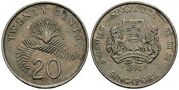 Сингапур 20 центов 1990 KM 52 медно-никель 4138-533