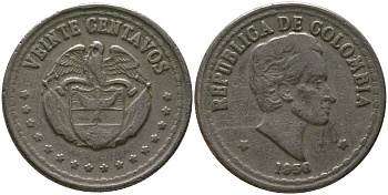 Колумбия 20 сентаво 1956 KM 215.1 медно-никель 4529-635