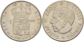 Швеция 1 крона 1968 U, Густав VI Адольф (1950-1973) KM 826 серебро 4150-235
