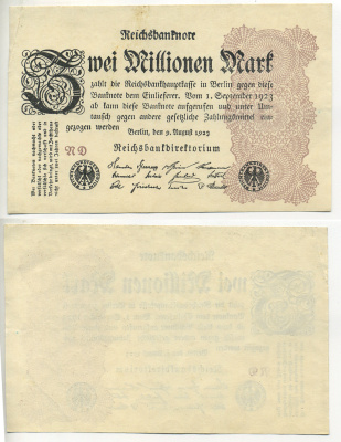 Германия 2000000 марок 1923 9 августа 1923, водяной знак L, серия RD Pick 104 b, Rosenberg 103 c бумага 7217-59-2-1