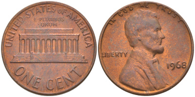 США 1 ЦЕНТ 1968 ЛИНКОЛЬН KM 201 медь цинк 187-1155