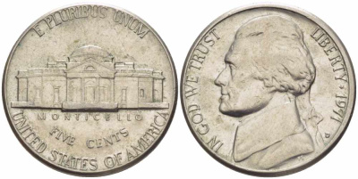 США 5 ЦЕНТОВ 1971 D, ДЖЕФФЕРСОН KM А192 медно-никель 4364-532