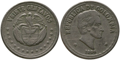 Колумбия 20 сентаво 1956 KM 215.1 медно-никель 4529-635
