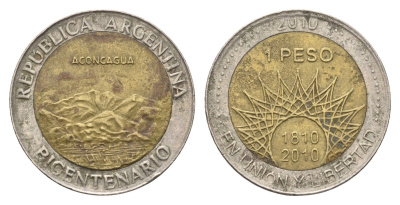 Аргентина 1 песо 2010 200 лет Аргентине - вулкан Аконкагуа KM 157 биметалл 4663-645