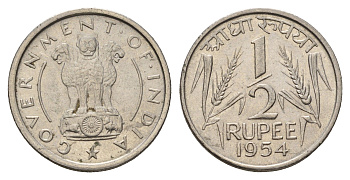 Индия 1/2 рупии 1954 KM 6.2 никель aUNC 4686-1131