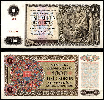 Словакия 1000 крон 1940 Pick 13 бумага aUNC 451-641-1