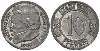 Бонн 10 пфеннигов 1920 Бетховен, Северный Рейн-Вестфалия, нотгельд Funck 51.1A, Men05 3220.1, Men18 4134.1 железо 84-916