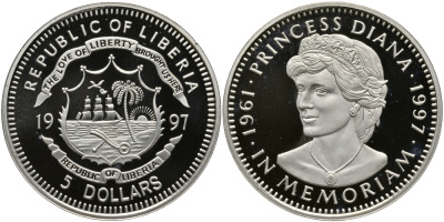 ЛИБЕРИЯ 5 ДОЛЛАРОВ 1997 МОНЕТА ПАМЯТИ, ЛЕДИ ДИАНА (1961-1997) KM 445 медно-никель PROOF 00-00