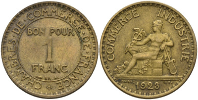 Франция 1 франк 1923 KM 876, Le Franc 218.5 алюминиевая бронза 4142-743