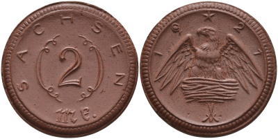 Саксония 2 марки 1921 J. N 56 фарфор 1094-2-75