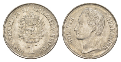 Венесуэла 1 боливар 1990 Симон Боливар, толстый шрифт Y 52a.2 сталь плакированная никелем 4591-916
