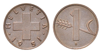 Швейцария 1 раппен 1951 B KM 46 бронза 4705-1164