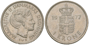 Дания 1 крона 1977 S; B, Маргарете II (1972-2024) KM 862.1 медно-никель 4612-1027