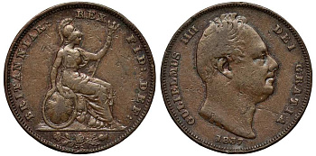 Великобритания 1 фартинг 1837 Вильгельм IV (1830-1837) KM 705, Spink 3848 медь 1518-143