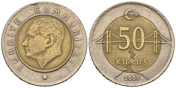 Турция 50 курушей 2009 Кемаль Ататюрк KM 1243 биметалл 4620-552