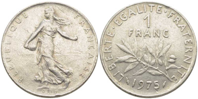 ФРАНЦИЯ 1 ФРАНК 1975 СЕЯТЕЛЬ KM 925.1, LE FRANC 226.20 никель 175-533