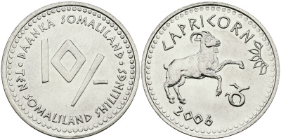 Сомалиленд 10 шиллингов 2006 СЕРИЯ ЗНАКИ ЗОДИАКА, КОЗЕРОГ KM NEW никелированная сталь UNC 540-842